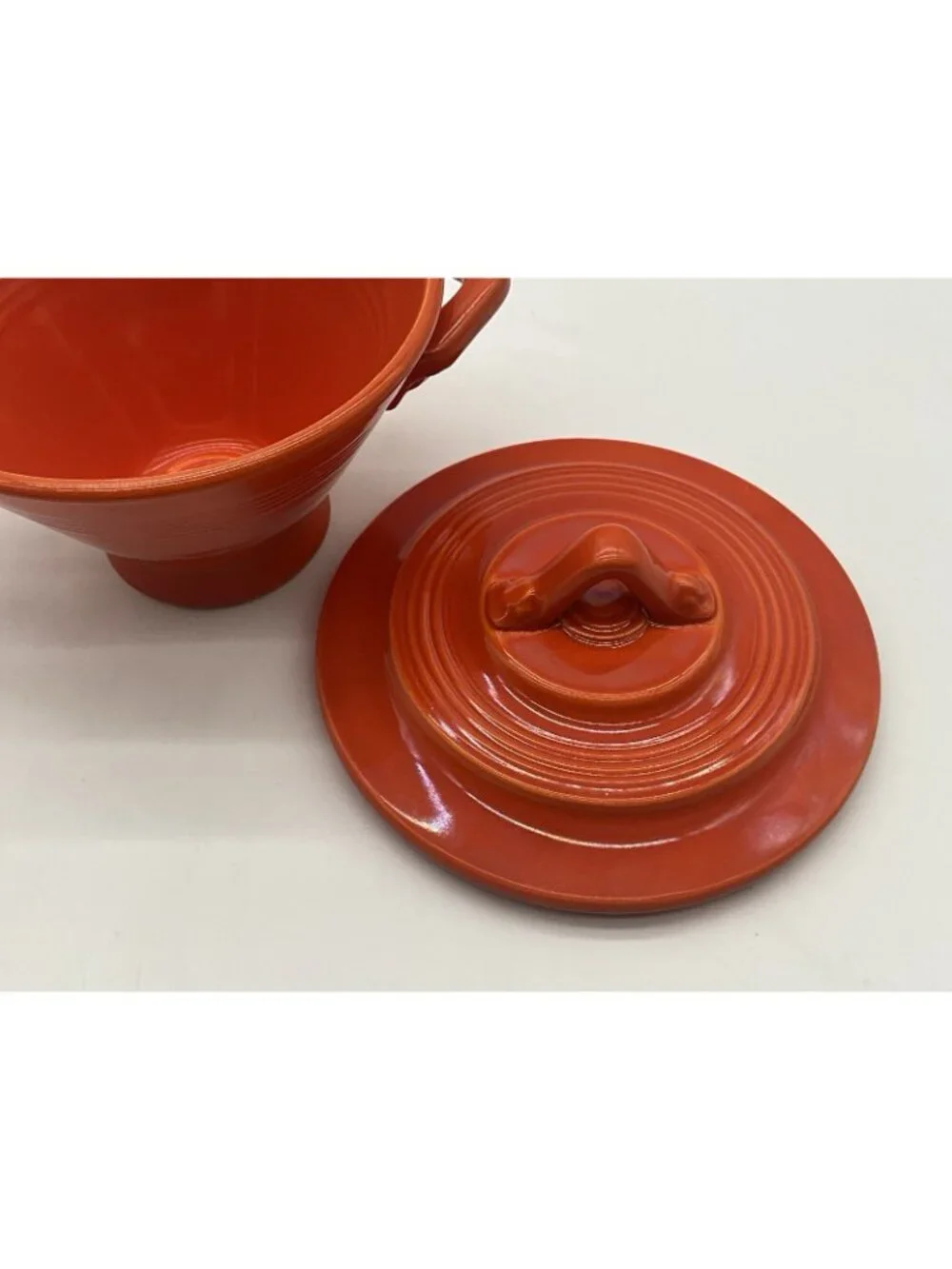 Homer Laughlin Harlequin Creamer and Lidded Sugar Bowl in a Red-Orange Glaze VTG